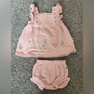 Organic cotton muslin baby dress and bloomers